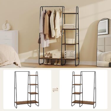 Clothes Rack, Stable Wardrobe, Clothes Rail with 5 Shelves, 6 Hooks, Black Metal Coat Rack, Freestanding Coat Stand