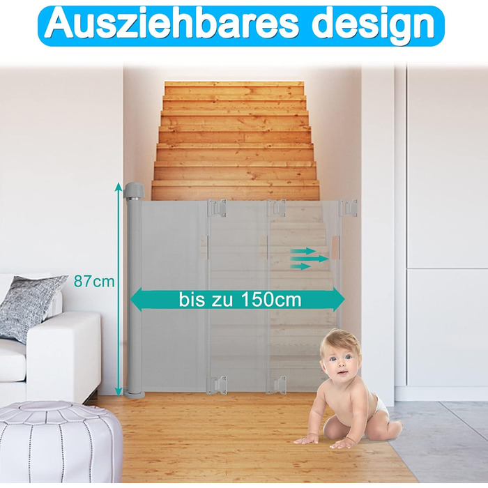 Захист для воріт NAIZY: ролетний захист від сходів, сітка для дітей та собак, висувна бар'єра для дому та вулиці (150см, сірий)