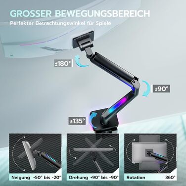 Кріплення для монітора ARES WING RGB - тримач для ігрового монітора, 17-49 дюймів, підходить для важких (20 кг) та вигнутих моніторів, регульована висота, чорний