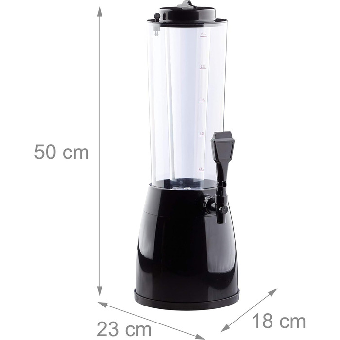 Диспенсер для пива Relaxdays з краником, 50 x 23 x 18 см, об'єм 2,5 л, прозорий, чорний, 2,5 літри