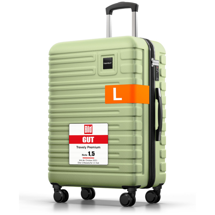Чемодан Travely з полікарбонату, 67 см, 60 л - міцний валіза з TSA замком, зручні колеса, колір: туманно-зелений