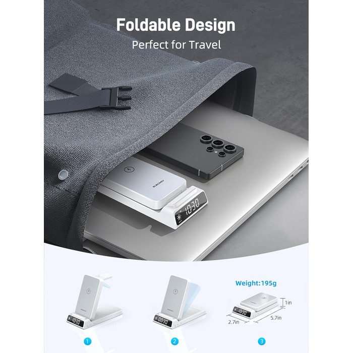 Бездротова зарядка для Samsung з годинником: станція для Galaxy S25 Ultra/S24/Z Fold 6/Flip 7/Bud, Watch, серій 8/7/6/5Pro, 3 в 1, сірий (білий)