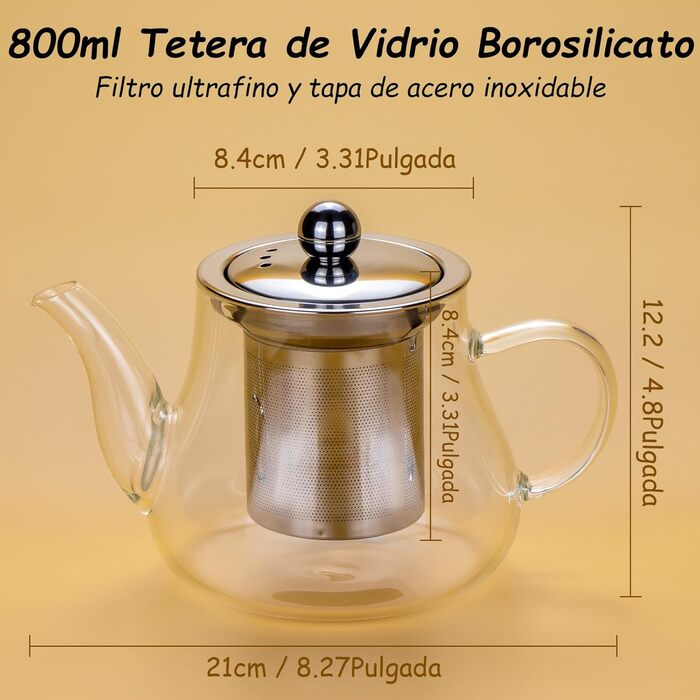 Чайник скляний Honneeo 450 мл з знімним фільтром, для листового чаю, трав'яних зборів, фруктів, 800 мл
