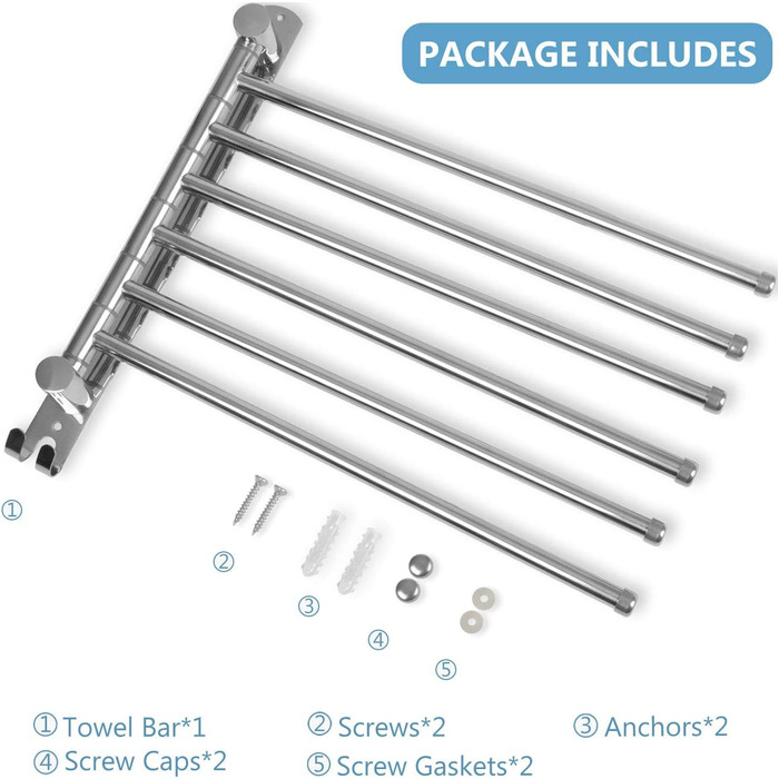 Кріплення для рушників JSVER з нержавіючої сталі, 180° поворот, 6 кріплень, з гачками, для ванної, кухні та гардеробу