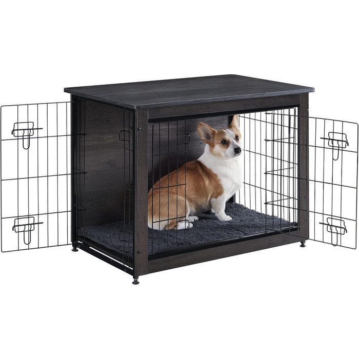 Клітка для собак DWANTON з подушкою, середнього розміру, з дерева, з подвійними дверцятами, клітка для собак, внутрішнє використання, хатинка для собак, приліжкова тумбочка, 82,5 см, темно-сірий