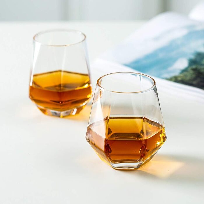Diamond Whisky Glasses 6-Piece Set - Tilted Scotch Glasses 300 Ml - Modern Look Whisky Glasses for Men, Women, Dad, Husband, Friends, Glassware for Bourbon/Rum/Bar Tumbler - Clear - 6