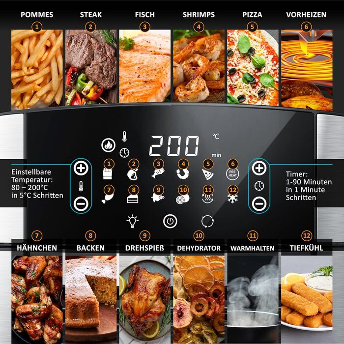 Фритюрниця Arendo XXL 16 літрів: духовка, гриль, сушарка, Air Fryer з сенсорним екраном EasyClean без олії. Ідеально для піци, курки та картоплі фрі. Без BPA.