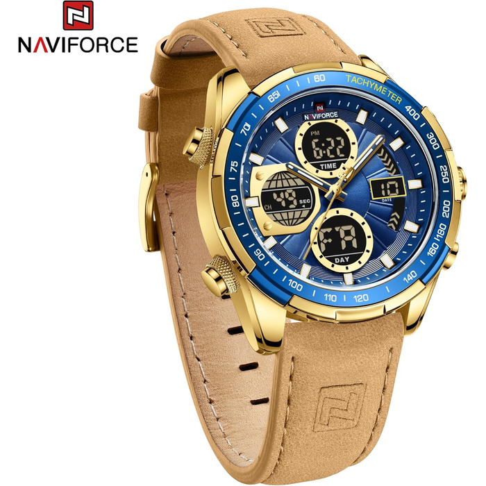 Навіфорс чоловічий військовий годинник: аналоговий кварц, водостійкий, спортивний, з багатофункціональним шкіряним ремінцем (золотий+блакитний)