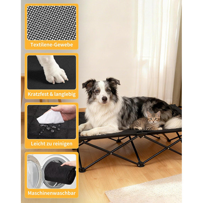 КінгКемп лежанка для собак, піднята лежанка для домашніх тварин, лежанка для собак на відкритому повітрі, чорна, 57 x 57 x 23 см (126 x 66 x 33 см)