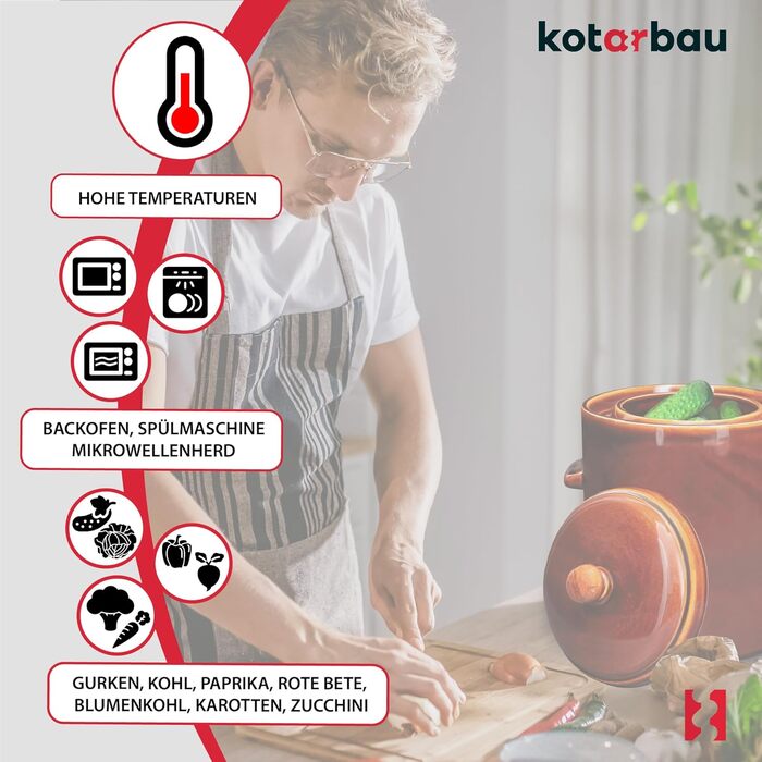 Керамічний гартопф KOTARBAU 10 л, бурий, з герметичною кришкою для квашення, соління, з водяним затвором