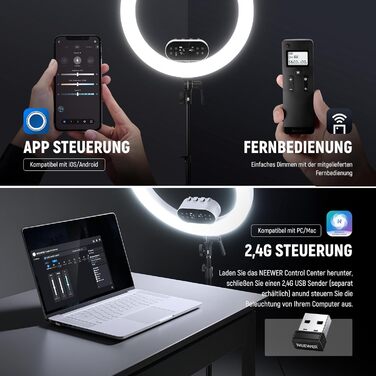 NEEWER Комплект кільцевого світла для фото та відео: 48 см, 52 Вт, регульоване LED, штатив, Bluetooth, для смартфона, YouTube, селфі (RH100B)