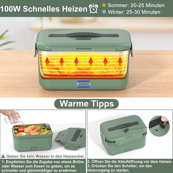 Vabaso 100W Electric Lunch Box for Adults, Thermal with Cutlery and Insulated Lunch Bag, 12/24/110V~230V, Leak-Proof, 1.8L Large Container, Food Container with Compartments for Car, Truck, Home