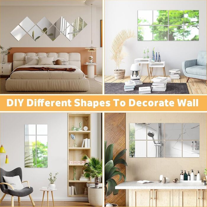 12 шт. акрилових дзеркал самоклеючих 20x20 см для ванної, вітальні, шафи | Дзеркальна плитка, настінні дзеркала