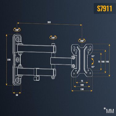 Кріплення для монітора на стіну RICOO S1211: поворотний тримач для монітора 13-34 дюймів, VESA 75x100, для плоских та вигнутих екранів