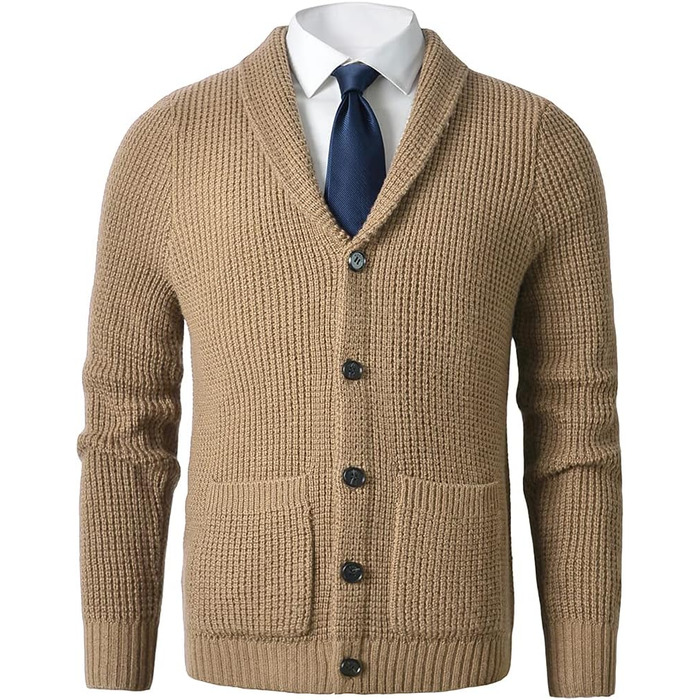 Чоловічий в'язаний кардиган з коміром-шарфом, візерунок 