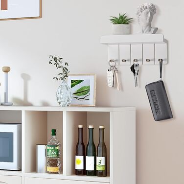Дерев'яне ключниця з полицею, білий колір, 5 гачків, декоративна настінна полиця для прихожої, кухні, спальні