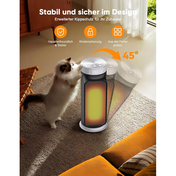 Електричний обігрівач PTC 1800W з пульт дистанційного керування, портативний нагрівач для дому та офісу, керамічний обігрівач з осциляцією 75°, таймером 24 години, 5 режимів, срігано-сірий колір