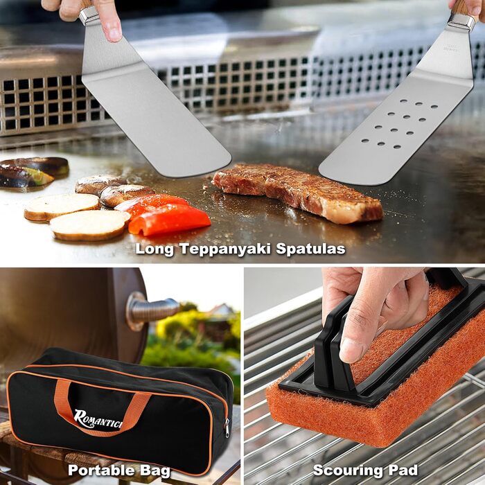 Набір аксесуарів для гриля ROMANTICIST 29 шт. – плоска поверхня, набір лопаток Teppanyaki зі скребком, кришка для гриля, гриль-плита для кемпінгу та відпочинку на природі, подарунок на Різдво