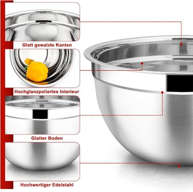 Набір мисок Joyfair, 3 шт. з нержавіючої сталі з кришками, 4.5L/2.7L/1.5L. Ідеально для змішування, сервірування та приготування їжі. Можна мити в посудомийній машині.