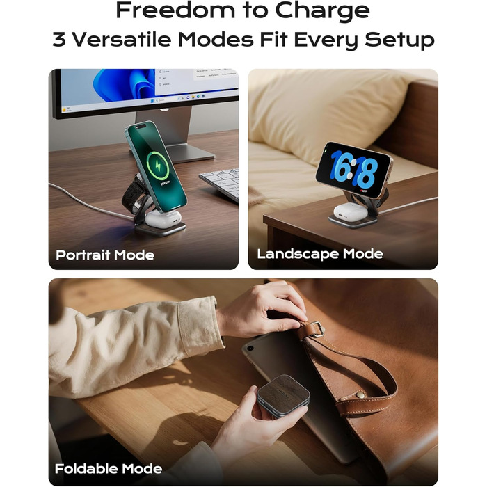 Бездротова зарядна станція KU XIU X40 Turbo Qi2.2 25W 3-в-1 для iPhone 17/16/15/14/13/12, Apple Watch, AirPods. Алюмінієвий адаптер GaN 45W, дерев'яна текстура