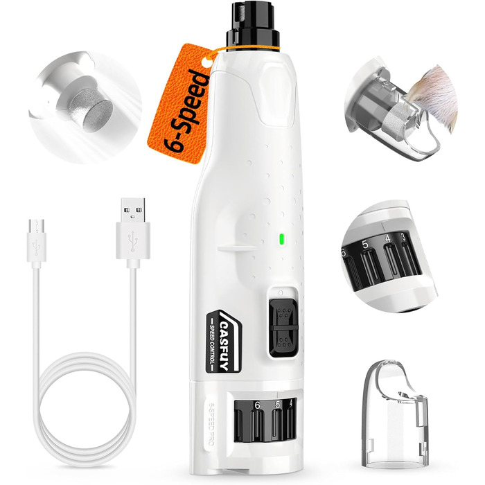 Електричний точилка для кігтів собак Casfuy - 6 режимів, 45 dB, з LED-підсвічуванням, для великих, середніх та малих собак, з захистом від пилу (білий)