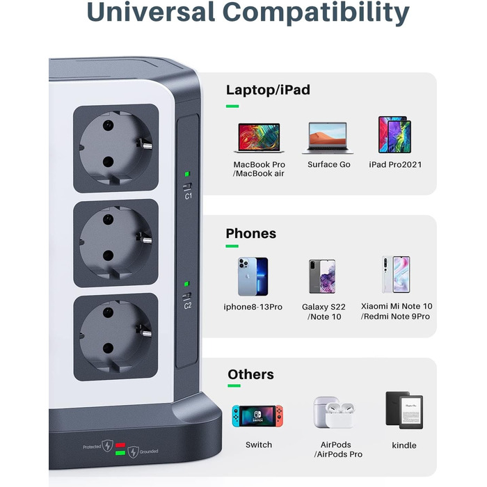 Блок розеток KOOSLA з USB-C, 12 розеток, 3680W/16A, захист від перенапруги (1500J), індивідуальне вмикання, сірий колір, 5м кабель, 65W PD USB-C, 2м