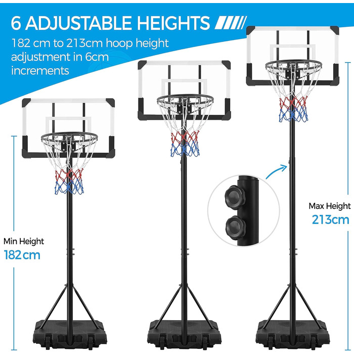 Yaheetech Adjustable Height Basketball Hoop Stand with Wheels - Indoor/Outdoor Basketball System, Water/Sand Fillable Base, 216-246cm
