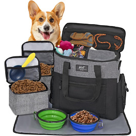Сумка для собак Wolt: переносна сумка для подорожей з набором мисок та контейнерами, сірого кольору