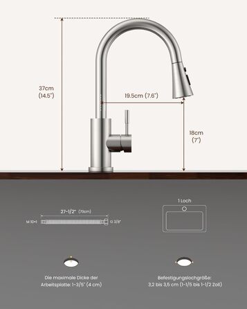 Кухонний змішувач Dayone з висувною лійкою, нержавіюча сталь SUS304, високий тиск, кухонний кран з 2 функціями, поворотна на 360°, для кухні