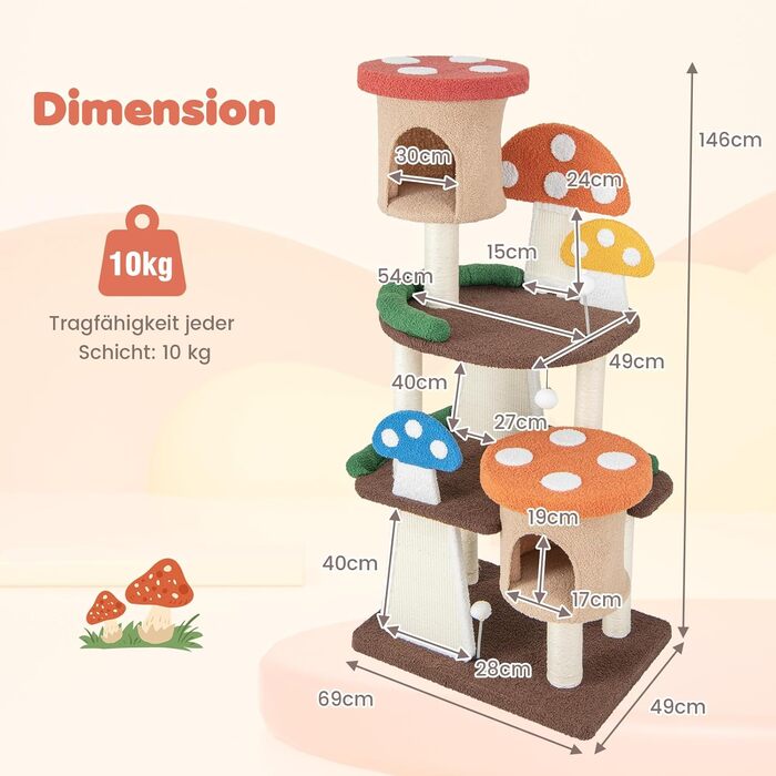 Дерев'яний кігтетопор для котів Costway з будиночками та сизалевим покриттям, 146 см