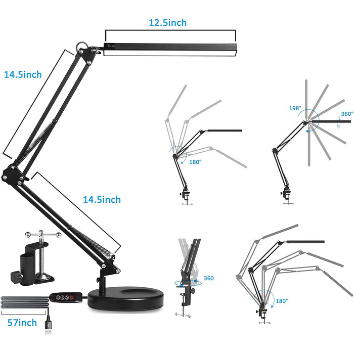 SKYLEO Dimmable Desk Lamp with Clip - Eye Protection LED Task Lamp - 3 Modes & 10 Brightness Levels - Black