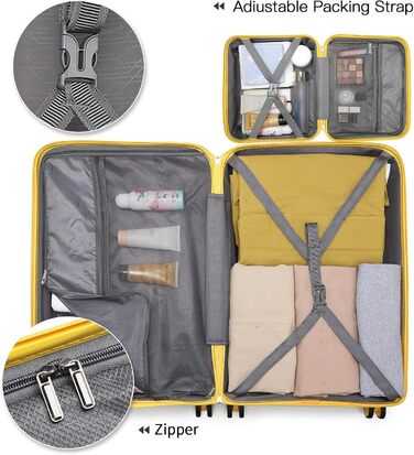 Валіза на 4 колесах, міцна та легка, з TSA-замком та YKK-блискавкою, тихі колеса. Ручна валіза з косметичкою (Жовтий, косметичка)