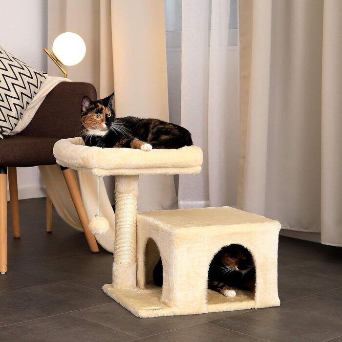 Cat scratching post with a cozy lying area & cave, height 50 cm, cat tree with plush ball incl. bell, sisal rope & soft plush, suitable for small & large cats, beige