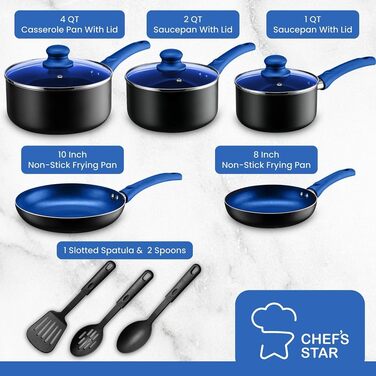 Набір каструль та сковорідок Chef's Star, 11 предметів, антипригарне покриття, алюміній, зелений (блакитний)