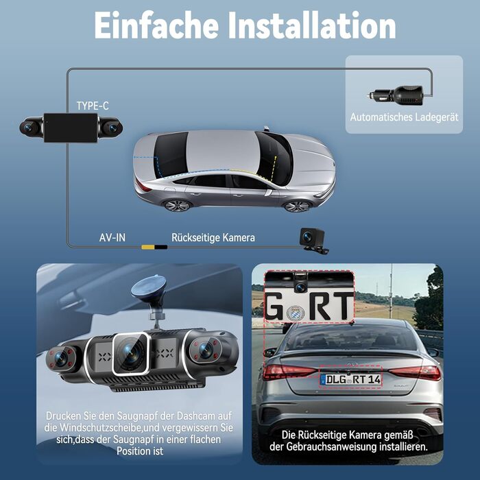 Відеореєстратор в авто Dash Cam 2K/1080p з 64GB SD-картою, 4 камери, IPS-дисплей 3