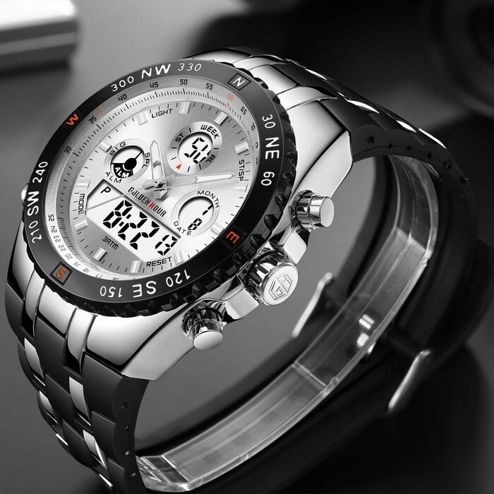 Чоловічий військовий спортивний годинник: цифрові та аналогові функції, водонепроникність, дата, будильник, світіння, секундомір. Великий годинник для чоловіків, сріблястого кольору.