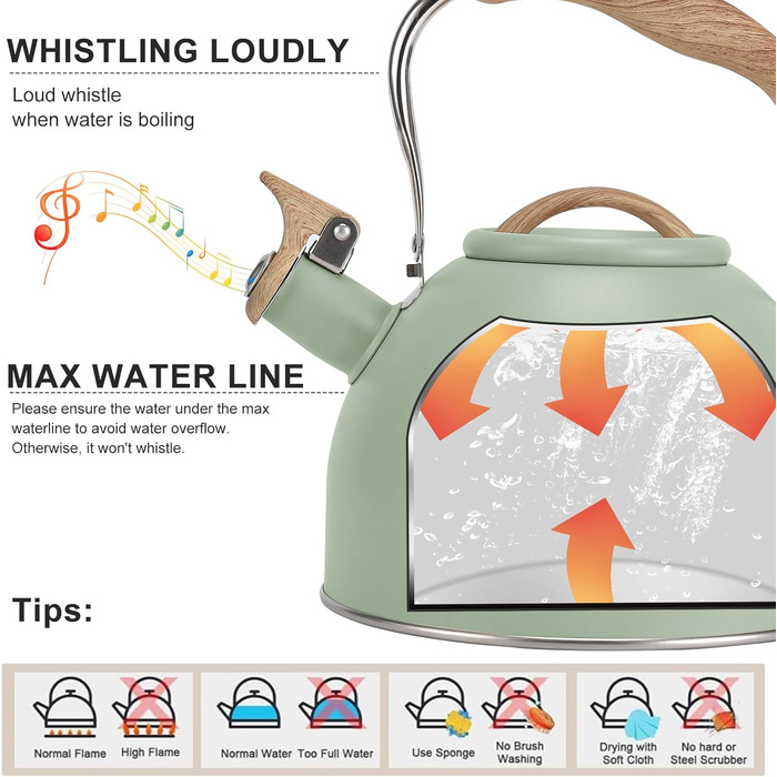 Чайник для плити Vegoran 3 л з гучним свистком, нержавіюча сталь з дерев'ястим декором, з кришкою-захопленням, для чаю, кави, молока (зелений)