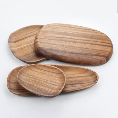 Set of 4 Serving Trays, Irregular Round Wooden Plates & Platters for Snacks, Cheese, Appetizers, Dessert, Sushi, Fruit, Salad, Wooden Serving Board