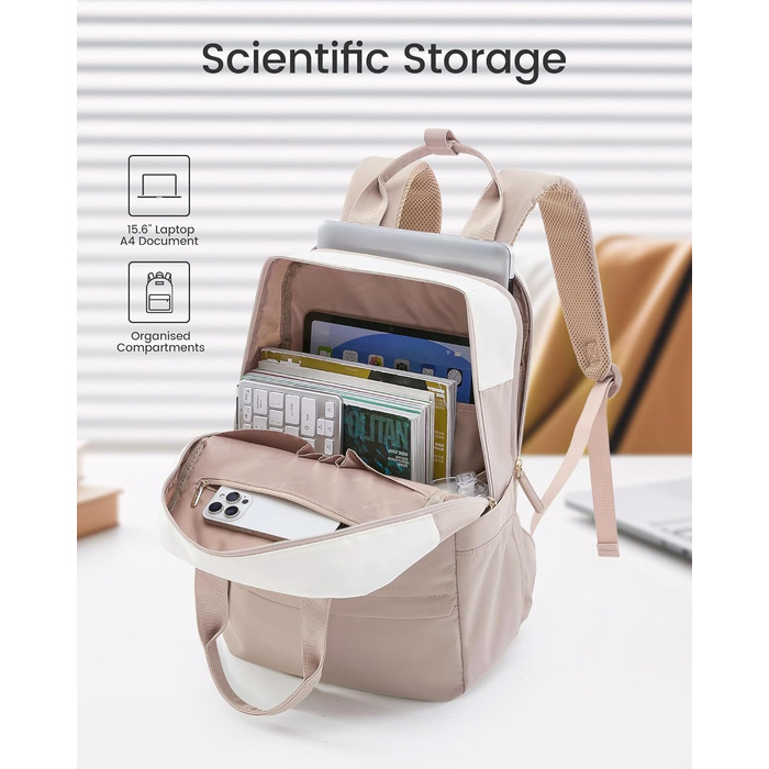 Рюкзак для ноутбука LOVEVOOK, 15.6 дюймів, жіночий, для школи/університету, подорожей, робочі будні. Водостійкий, елегантний, для дівчат-підлітків. Колір: бежево-рожевий