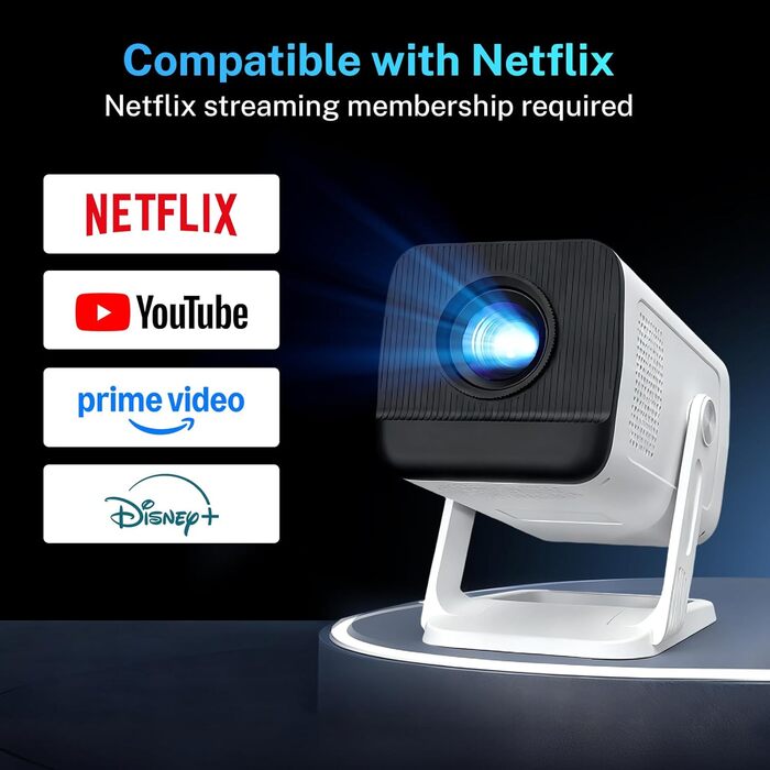 Проектор Mini Beamer 1080P/4K з Android 13 OS, WiFi 6, Bluetooth 5.4, підтримкою Netflix та Google CTS, HDMI, USB, iOS, LYNCAST N300 White