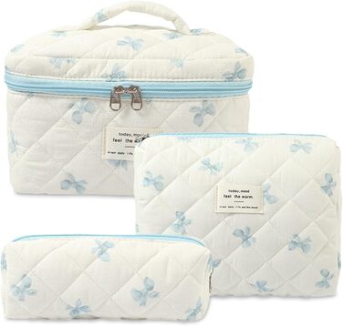 Набір косметичок 3 шт. для подорожей, дамські косметички з квітковим принтом, набір для макіяжу, косметичні сумочки для дівчат та жінок (блакитна стрічка)