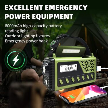 Радіо з ручкою OBEST з акумулятором 8000mAh, USB-зарядкою, компасом та дисплеєм, сонячне та ручне радіо для надзвичайних ситуацій, FM-радіо, ліхтар та світло для читання, SOS-сигнал, для кемпінгу, надзвичайних ситуацій та відключень електроенергії, чорний