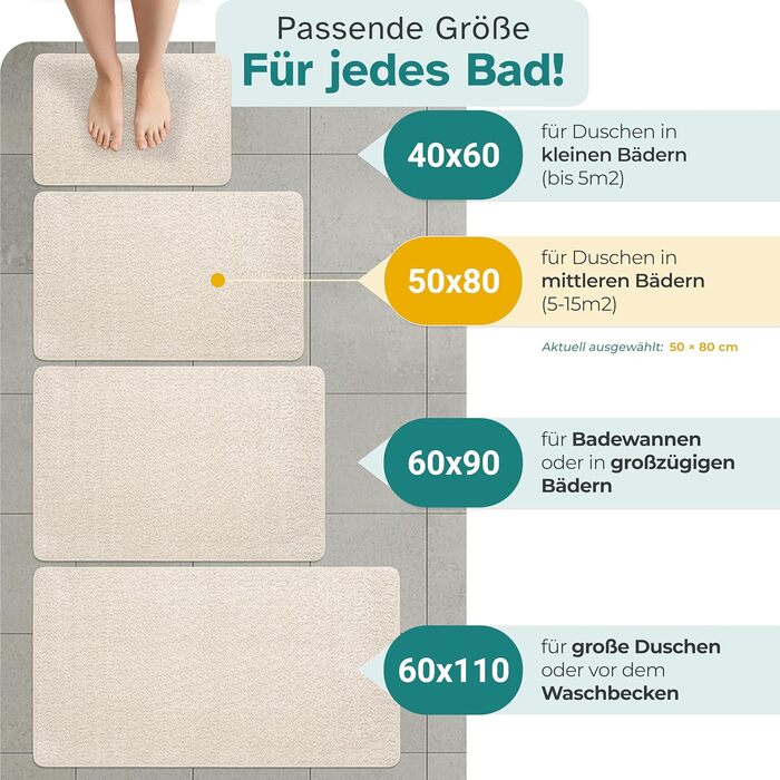 Гігієнічний килимок для ванної кімнати та душу, антиковзаючий та вологопоглинаючий, що швидко сохне, 80x50 см, бежевий