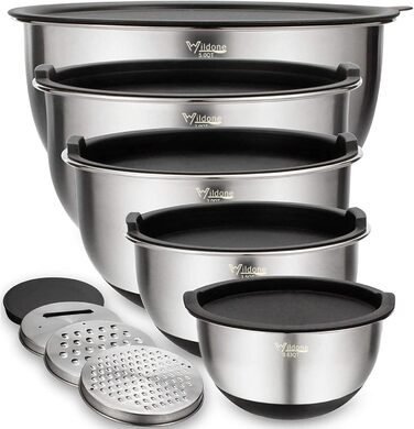 Mixing Bowls 5-Piece Set, Wildone Stainless Steel with Airtight Lids, 3 Grater Attachments, Measuring Markings, and Non-Slip Bottoms, Sizes 5, 3, 2, 1.5, 0.63 QT, ideal for mixing and serving