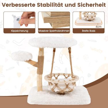 Дерев'яний кігтеточки для котів Costway з гамаком, мотузкою, натуральним деревом та jute-обтягнутими стовпчиками, 2 стійки та платформа, кігтеточки для котів, котячий комплекс, природа+білий (66 см)
