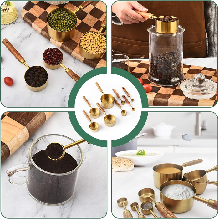 Набір мірних стаканів та ложок з нержавіючої сталі золотого кольору з дерев'яною ручкою, 8 шт. - для вимірювання сухих та рідких інгредієнтів (60мл - 250мл), для кухні та випічки