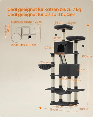 Когтеточка для котів Feandrea XXL, 168 см, з 13 стовпчиками, 2 платформами, 2 печерами, гамаком та іграшками, PCT165G01 (чорний)