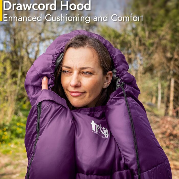 Спальний мішок для дорослих Trail 3 сезони – для кемпінгу, піших прогулянок, подорожей – 300 GSM – з внутрішніми кишенями – фіолетовий