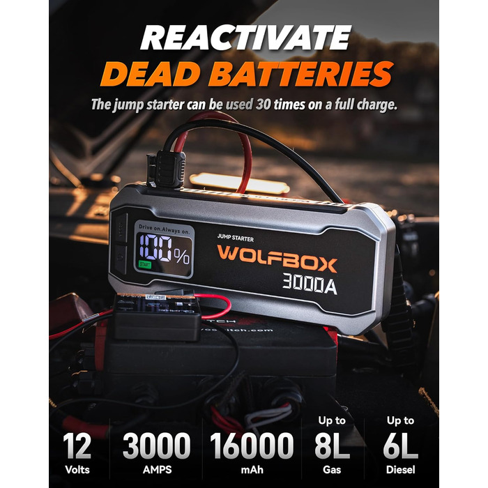 Powerbank WOLFBOX для запуску авто: 12V, 3000A, LED-ліхтар, для SUV, LKW, мотоциклів