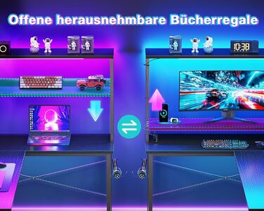 Ігровий стіл Coleshome L-подібної форми з LED-підсвічуванням та розетками, 135 × 100 см. Реверсивний кутовий стіл з полицями для зберігання, з кишенькою для аксесуарів. Чорний колір. Підходить для home office та геймінгу.